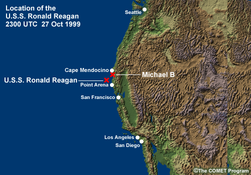 Shaded relief map of U.S. West Coast with location of U.S.S Ronald Reagan for module sceanrio at 2300 UTC 27 Oct 1999