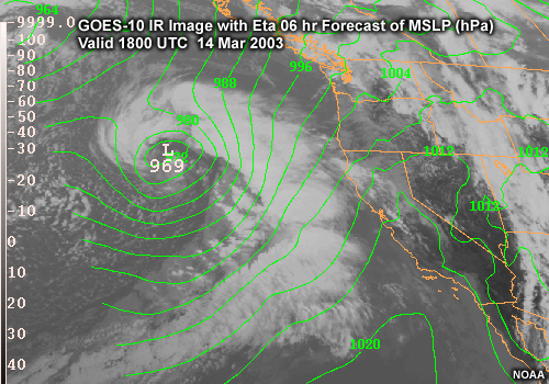Loop of GOES-10 IR Image with Eta forecast MSLP 1800 UTC 14 Mar 2003 to 1500 UTC 15 Mar 2003, along the U.S. West Coast