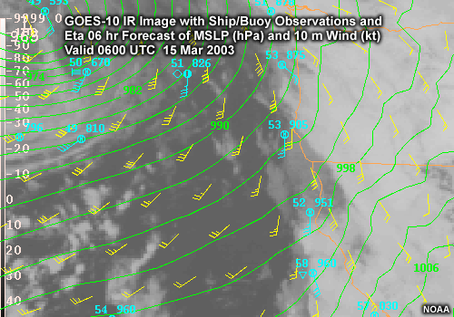 GOES-10 IR Image with Ship / Buoy Observations and Eta Forecast of MSLP (hPa) and 10 m Wind (kt) 
0600 UTC 15 Mar 2003 to 1800 UTC 15 Mar 2003
along the U.S. West Coast