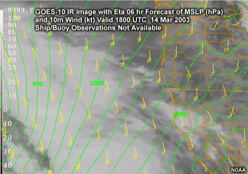 GOES-10 IR Image with Ship / Buoy Observations and Eta 24 hr Forecast of MSLP (hPa) and 10 m Wind (kt) Valid 1200 UTC   15 Mar 2003 along the U.S. West Coast