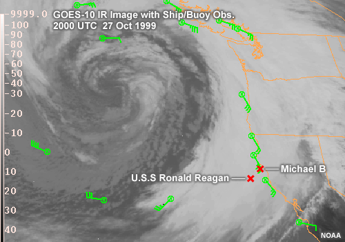 GOES-10 IR Image with Ship/Buoy Obs.
2000 UTC  27 Oct 1999, 
2200 UTC  27 Oct 1999, and 
2300 UTC  27 Oct 1999