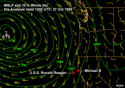 MSLP and 10m Winds (kt).
Eta Forecast 1200 UTC 27 Oct 1999 to 0600 UTC 28 Oct 1999