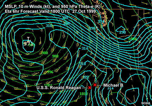 MSLP, 10m Winds (kt), and 950 hPa Theta-e (K).
Eta Forecast 1800 UTC 27 Oct 1999 to 0600 UTC 28 Oct 1999