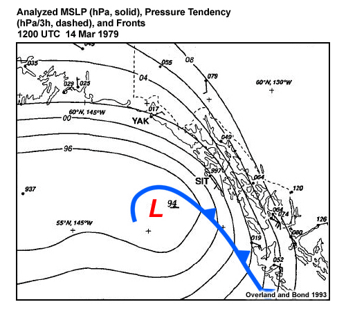 Analyzed MSLP (hPa, solid), Pressure Tendency (hPa/3h, dashed), and Fronts for the Yakutat Wind Storm 14 March 1979.