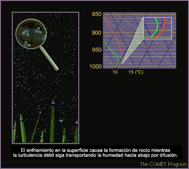 Ilustración del enfriamiento de la superficie, que causa la formación de rocío mientras se transporta humedad hacia abajo por difusión turbulenta débil