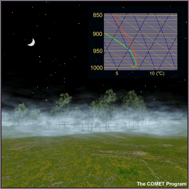 Formación de niebla en un campo con hierba bajo cielo despejado. El diagrama oblicuo T-log p muestra una inversión poco profunda en superficie.