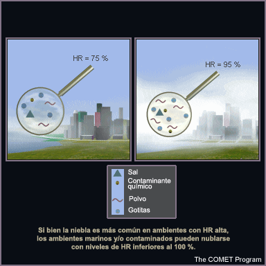 Formación de niebla en aire contaminado en una ciudad costera. Aunque la niebla es más común donde la HR es alta, en ambientes costeros o contaminados puede haber niebla cuando la HR es menor del 100%.