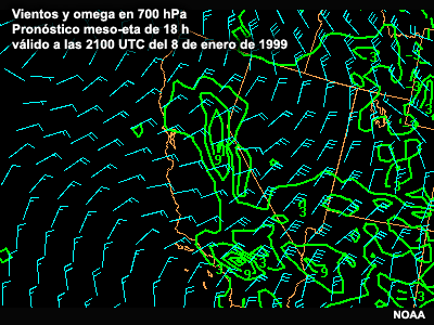 Pronóstico ETA de 18 horas de vientos y omega en 700 hPa para las 2100 UTC 8 de enero de 1999