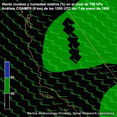 Análisis COAMPS de viento y HR en 700 hPa para California central, 12 UTC del 7 de enero de 1999
