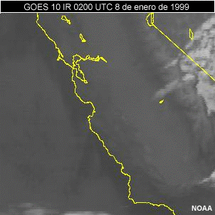 Imagen IR del GOES 10 de la parte central de California, 0200 UTC del 8 de enero de 1999