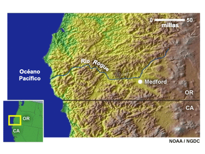 Mapa de la zona de Medford, Oregon, y el valle del río Rogue