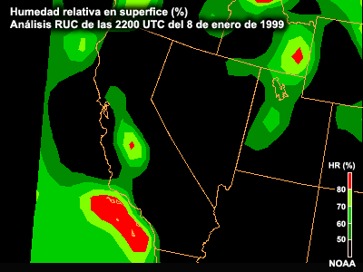 Análisis RUC de HR en la superficie, 2200 UTC del 8 de enero de 1999