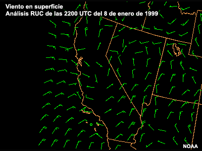 Análisis RUC de vientos en superficie, 2200 UTC del 8 de enero de 1999