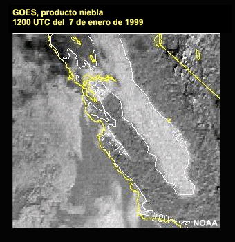 Producto niebla del GOES 10 para California central, 12 UTC del 7 de enero de 1999