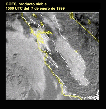 Imagen del GOES en el canal visible sobre California central, 15 UTC, 7 de enero de 1999
