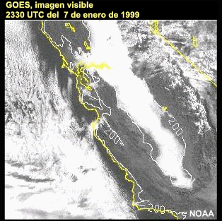 Imagen visible del GOES sobre California central, 2330 UTC, 7 de enero de 1999