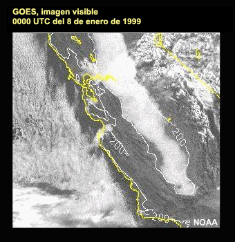 Imagen visible del GOES 10 de California central, 00 UTC del 8 de enero de 1999