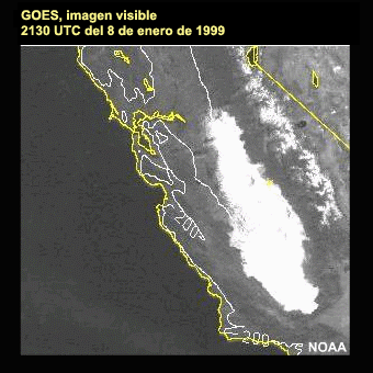 Imagen visible del GOES sobre California central, 2130 UTC, 8 de enero de 1999