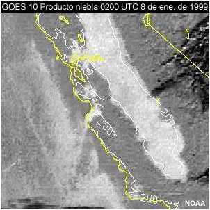 Producto niebla del GOES 10 para California central, 0200 UTC del 8 de enero de 1999