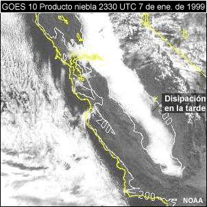 Imagen visible del GOES 10 de California central que muestra la disipación de la niebla de tular por la tarde.