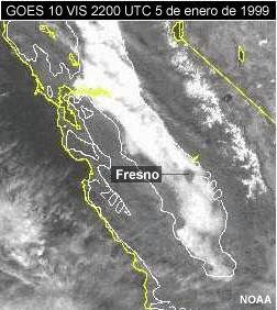 Imagen visible de California central del GOES 10 de la disipación de la niebla sobre Fresno