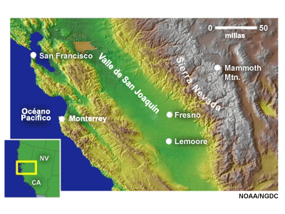 Mapa de California central con Lemoore y el valle de San Joaquín