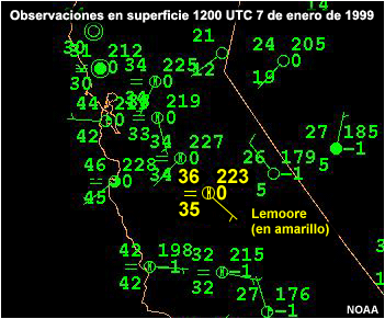 Observaciones en superficie para California central, 12 UTC, 7 de enero de 1999