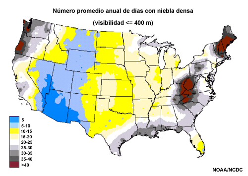 Mapa del promedio anual de días con niebla en EE. UU.
