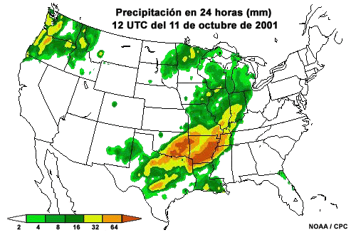 Mapa de precipitación en 24 horas en EE. UU., 11 de octubre de 2001