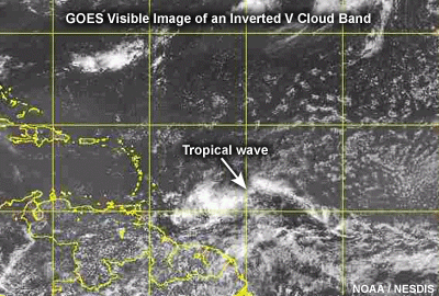 GOES Visible image of an inverted V cloud band