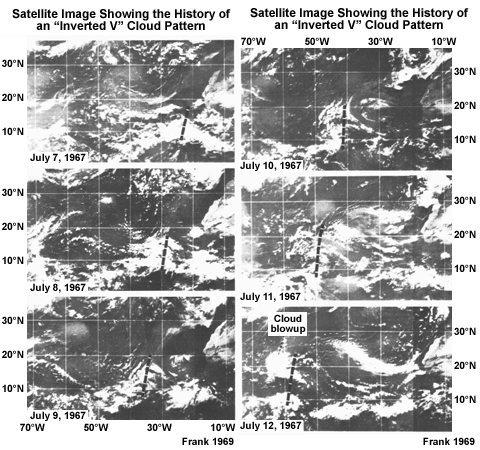 Sequence of satellite images showing progression of inverted V
