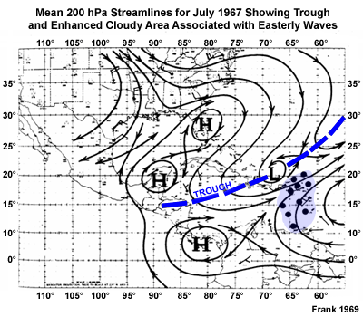 200 hPa streamlines showing trough and enhanced cloud area