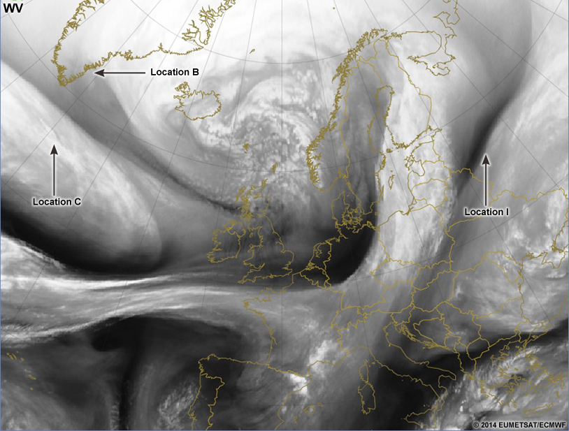 Water vapour imagery overlaid with correct labels from 10 December 2014 over Europe.