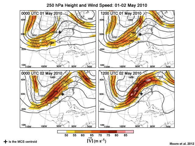 Four panels of 250 mb heights from 0000 UTC 01 May through 1200 UTC 02 May 2010, centered on Tennessee.