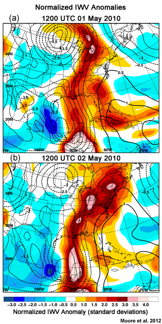 Normalized IWV anomaly at 1200 UTC 01 May 2010 and 1200 UTC 02 May 2010. The anomaly standard deviation is displayed as a color image. 850 hPa height anomalies are shown every 0.5 standard deviation in the contours (dashed are negative standard deviations)