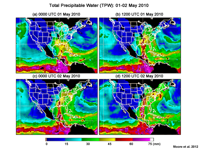 Four panels of Integrated Water Vapor (IWV) from 0000 UTC 01 May through 0000 UTC 03 May 2010, centered on Tennessee.