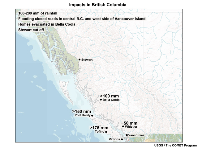 Precipitation totals and other impacts noted on a map of British Columbia for the September 20, 2011 case.