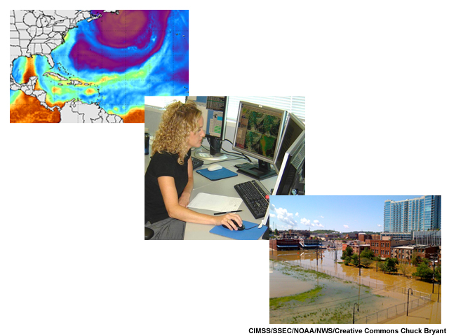 Three-panel mosaic: AR on integrated water vapor imagery, forecaster at desk, and impacts of flood in a major city.