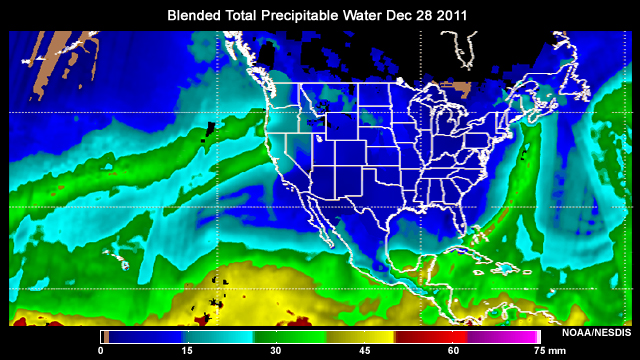 Total Precipitable Water (TPW) supernational map for December 28, 2011. Two moderate atmospheric rivers are found on this image that are impacting land. There is a meridionally oriented AR going into Nova Scotia and an AR going into Oregon at a 45 degree angle from the southwest. Both ARs have values approaching 40mm.