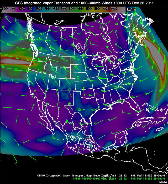 GFS Integrated Water Vapor Transport and 1000-300mb wind barbs for December 28, 2011. There are two areas of very high IVT: west to east off the coast of Oregon, and going south to north into Nova Scotia.