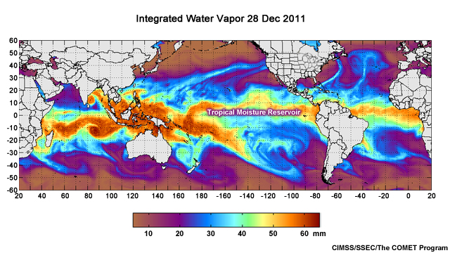 Global integrated water vapor image from December 28, 2011. Highlighted across the tropics is the "Tropical Moisture Reservoir".
