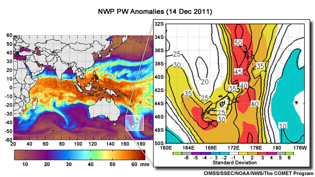 Numerical Weather Prediction precipitable water anomalies over New Zealand for December 14, 2011. The PW anomalies image is exploded from the global integrated water vapor image at the same time.