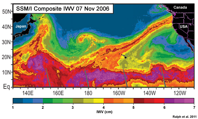 An atmospheric river case from November 7, 2006 as seen on an SSM/I Composite of integrated water vapor. A long filament of tropical moisture extends from 15N, 175W (west of Hawaii) northeast to 45N, 125W (Washington/Oregon coast). Values within the atmospheric river are upwards of 4 to 5.5 centimeters. In the tropics, values extend upwards toward 7cm, while in the north Pacific Ocean, the values are typically around 1cm or less. As the atmospheric river extends northeastward the width shrinks. Image has no scale to determine actual width.
