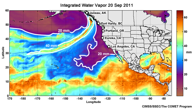 Integrated Water vapor, 20 Sep. 2011, with 20 and 40 mm threshold areas outlined.