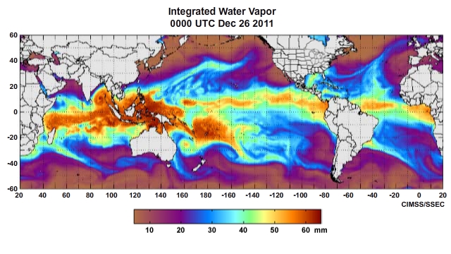 Global Integrated Water Vapor (IWV) animation (hourly) for December 26 through December 28, 2011 centered over the Pacific Ocean.