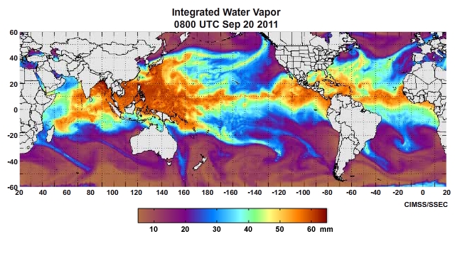 Global integrated water vapor from December 28, 2011 with arrows pointing out the long AR path over the Pacific Ocean originating from 20 N, 160 E and the meridional AR in the middle of the Atlantic Ocean.