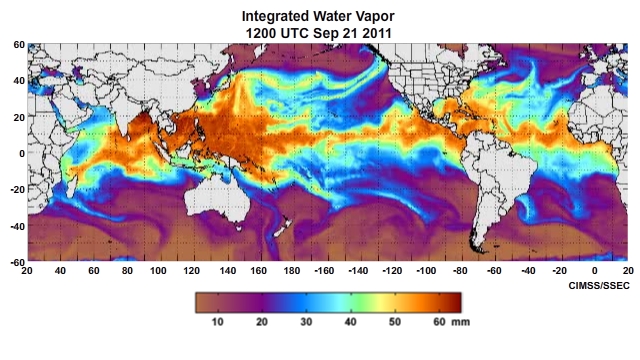 Global Integrated Water Vapor (IWV) animation (hourly) for September 21 through September 23, 2011 centered over the Pacific Ocean.