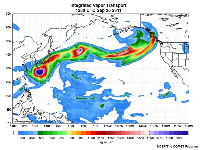Integrated Vapor Transport (IVT) animation (every 3 hours) for September 20 through September 23, 2011 centered over the Pacific Ocean.