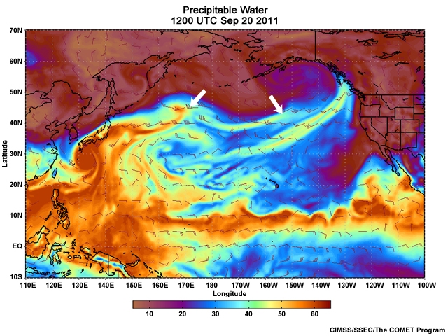 Precipitable Water (PW) animation (every 3 hours) for September 20 through September 23, 2011 centered over the Pacific Ocean.
