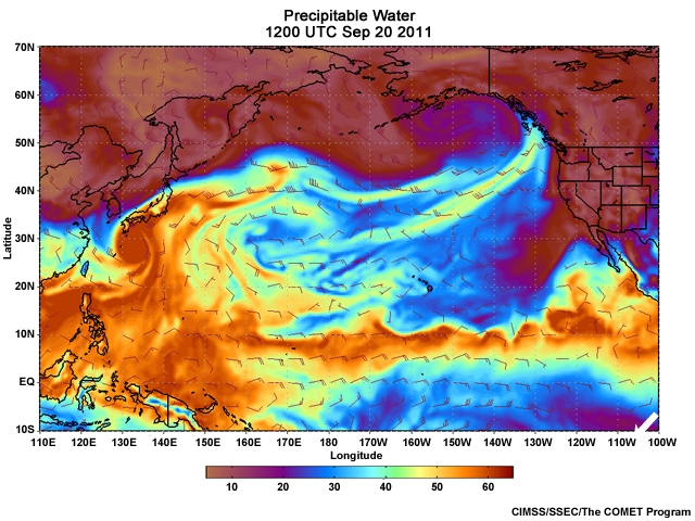 Precipitable Water (PW) animation (every 3 hours) for September 20 through September 23, 2011 centered over the Pacific Ocean.